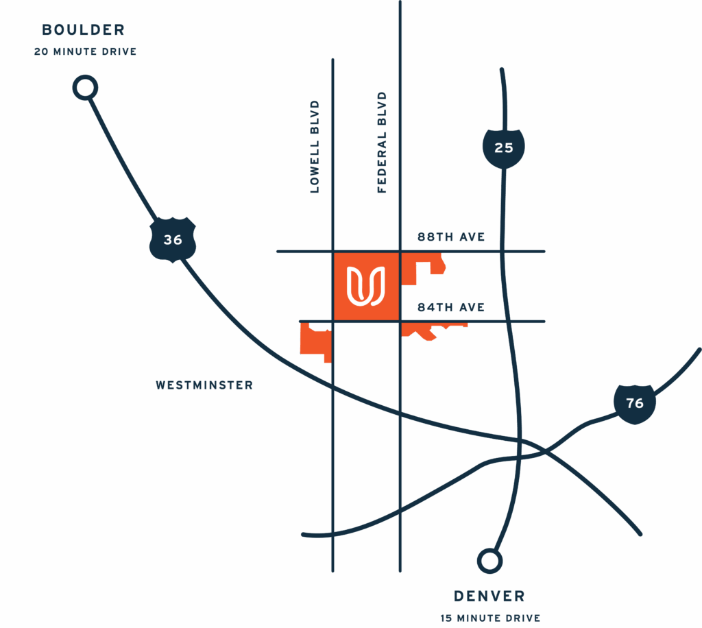 Map showing the location of a marked area near Lowell Blvd, Federal Blvd, 88th Ave, and 84th Ave in Westminster, just minutes from Boulder and Denver—discover Uplands Westminster homes for sale in this desirable neighborhood.