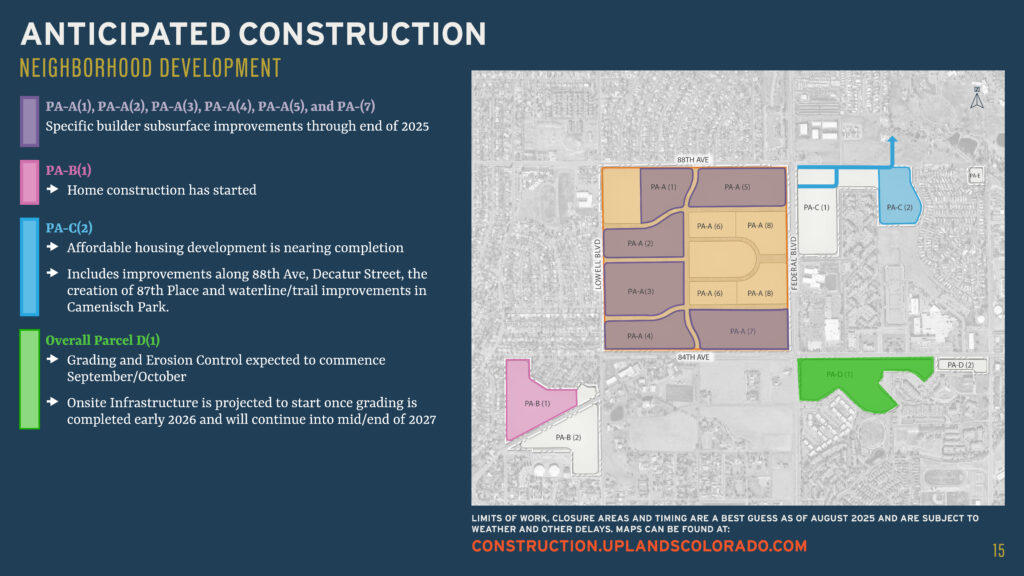 A map shows phases of home construction and affordable housing development in a neighborhood, with a legend detailing anticipated construction timelines and relevant updates.